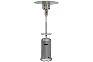 Hiland HLDS01-BST Propane Patio Heater w/Wheels, Table, 48,000 BTU and 33" Aluminum Heat Shield, Tall, Stainless Steel