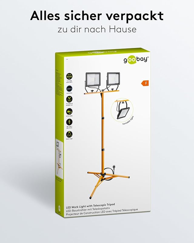 2 x 50W Baustrahler LED mit Stativ einstellbar und 2,5m Kabel für Baustelle, Werkstatt oder Keller - IP65 Baulampe LED für Innen- & Außenbereich - Strahler 2x8500 Lumen kaltweißes Licht 6500K