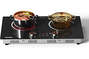 Karinear Electric Cooktop 2 Burner, 110V Electri Stove Top, 2000W Knob Control & Sensor Touch Electric Hot Plate for Countertop or Built-in Install, Timer, Safety Lock, 9 Power Level, 24 Inch