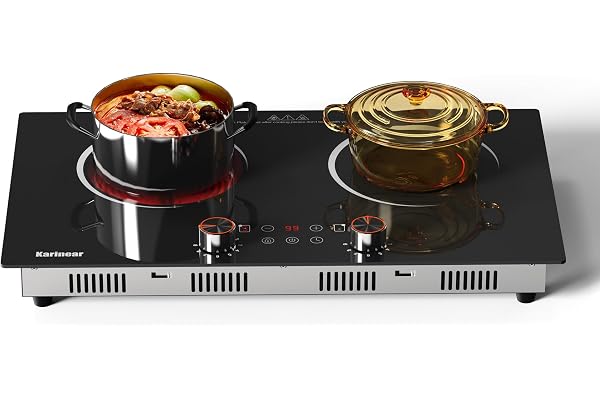 Karinear Electric Cooktop 2 Burner, 110V Electri Stove Top, 2000W Knob Control & Sensor Touch Electric Hot Plate for Countertop or Built-in Install, Timer, Safety Lock, 9 Power Level, 24 Inch