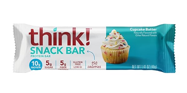 THINK! PROTEIN BARS WITH CHICORY ROOT FOR FIBER, DIGESTIVE SUPPORT, GLUTEN FREE WITH WHEY PROTEIN ISOLATE, CUPCAKE BATTER, SNACK BARS WITHOUT ARTIFICIAL SWEETENERS, 1.4 OZ (10 COUNT)