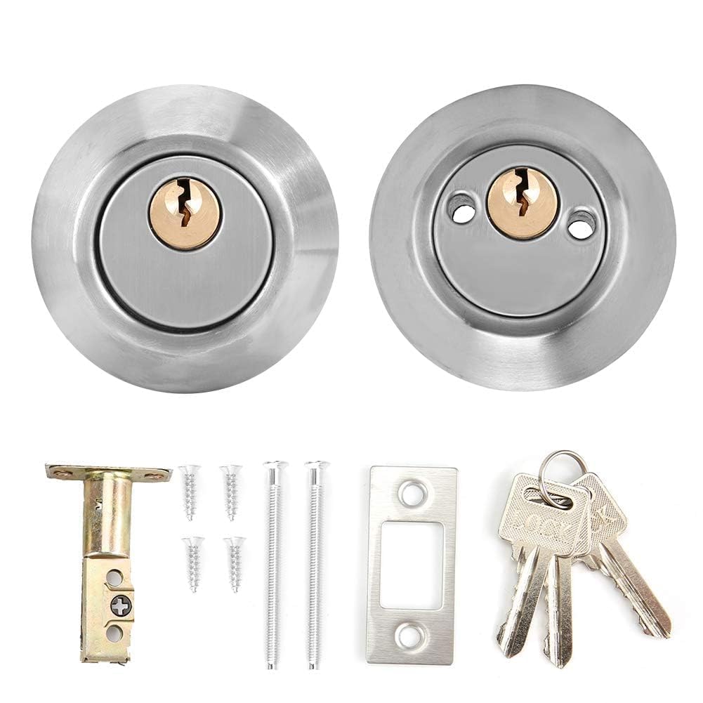 Cyrank Deadbolt Lock Set, Cylinder Deadbolt with Keys Round Exterior Keyed Dead Bolt Lock Both Sides Two Way Adjustable Cylinder Deadbolt for Front Door(Stainless Steel)