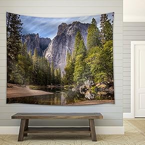 Lake in The Mountains with Clear Water Surrounded by Green Forest - Fabric Wall Tapestry Home Decor - 51x60 inches