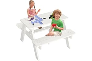 FOOWIN Kids Picnic Table, HDPE All Weather Toddler Picnic Table, Kids Outdoor Table and Chair Set w/Umbrella Hole for Patio, Backyard, Garden, Lawn, White