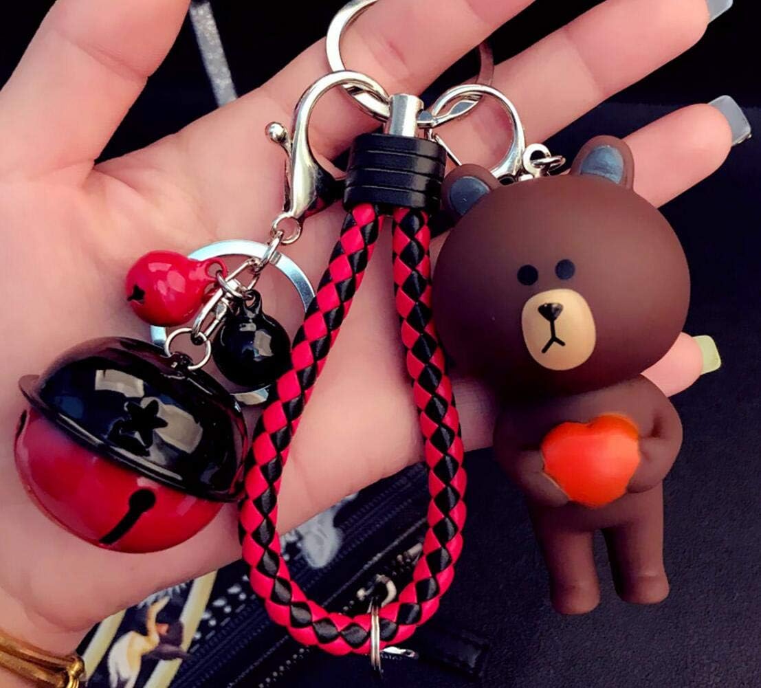 Thedmhom 1 Pcs Cute Kawaii Cartoon Love Heart Brown Bear Black Red Bell Wrist Rope Keychain Novelty Toy Gift Accessories Fashion Ornaments Coin Purse Korea Cony Bunny Keyring Bag Buckle Phone Pendant