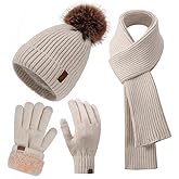 Winter Beanie Hat Scarf Gloves Set for Women, Classic Beanie with Removable Pom Pom Long Scarf Touchscreen Gloves 3 in 1 Set