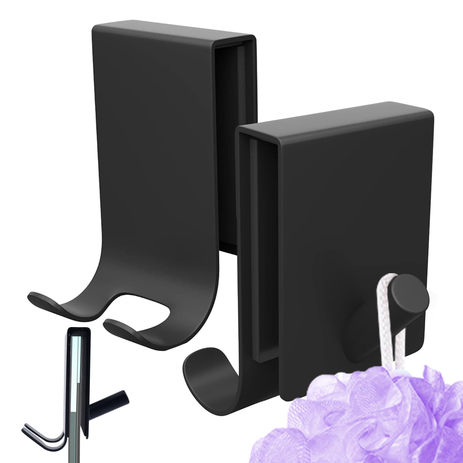 Cimown 2 Pcs Shower Glass Door Hooks, Shower Screen Hooks, No Drilling, with Protective Backing, Stainless (Black, Short-Length, Two Hooks)