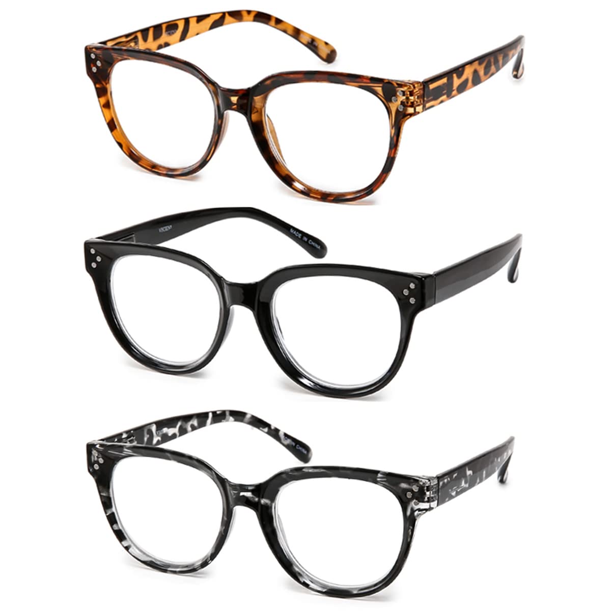 Vecien Reading Glasses Oversized for Women Large Frame Big Lens Readers Spring Hinge Retro 3 Pack （4.0）