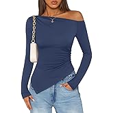 ZESICA Women's Off The Shoulder Tops 2026 Long Sleeve Y2K Asymmetrical Ruched Fitted Shirts Spring Trendy Going Out Top