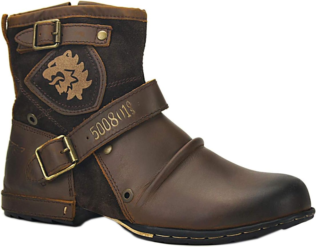 OSSTONEMoto Boots for Men Fashion Zipper-up Leather Chukka Boots Casual Shoes OS-5008-1-A