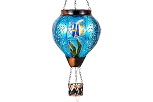 YELENEW Blue Fish Hot Air Balloon Solar Lantern with Flickering Flame Hanging Solar Lanterns Outdoor Waterproof,LED Metal Hot Air Balloon Lights for Patio Yard Garden Decor,Mother Day Gifts for Women