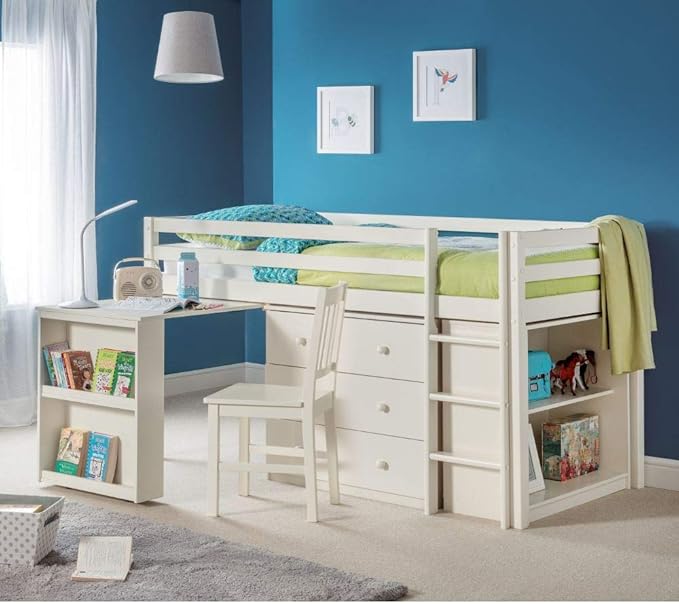 Kids Mid Sleeper Storage Bed, Happy Beds Roxy Stone White Contemporary Desk Drawers Shelf