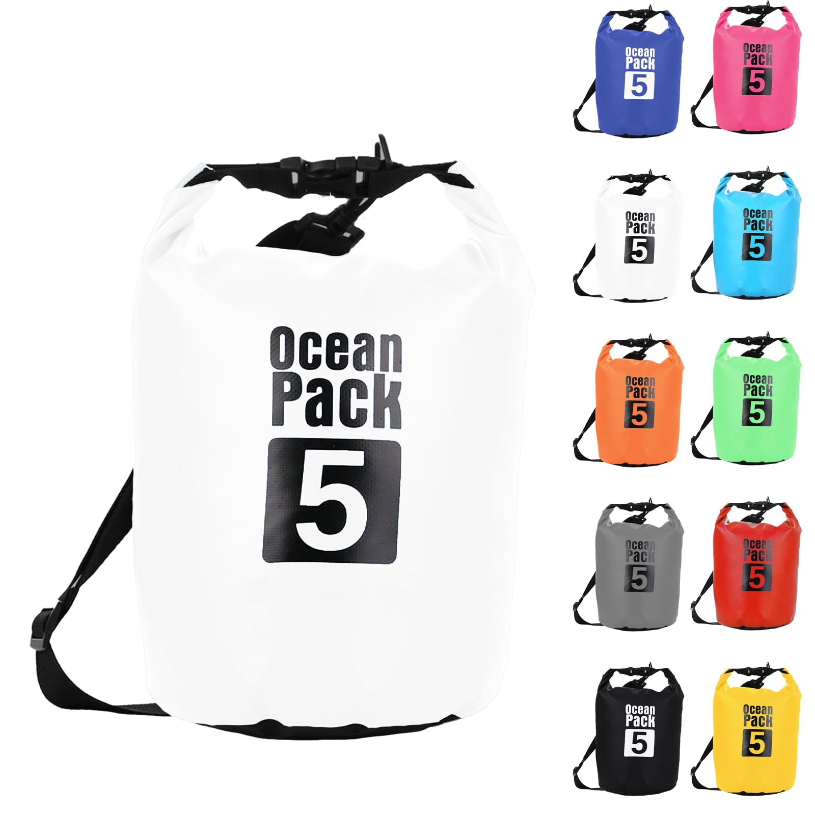 Dry Bag 5L, Boat Dry Bags White Waterproof Bag Dry Sack Roll Top Long Adjustable Shoulder Strap 2L/5L/10L/20L/30L/40L for Drifting Boating Kayaking Fishing Rafting Swimming Camping Canoeing Surfing