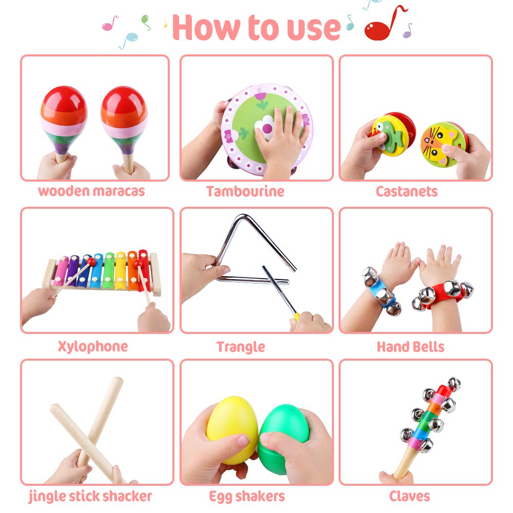 Toddler Musical Instruments Toys Set 9 Types 14Pcs Wooden Percussion