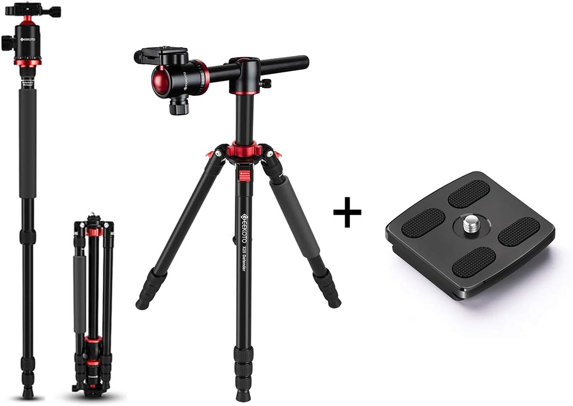 GEEKOTO75-inch Aluminum Alloy Tripod Camera Tripod + Aluminum Quick Release Plate, Compatible with Canon Nikon Sony DSLR, Red, Rotatable, 360 Ball Head