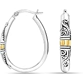 LeCalla 925 Sterling Silver Bali-Style Hoop Earrings Lightweight Click-Top Antique Two-Tone Beaded Italian Bali Style Earring Hoops for Women