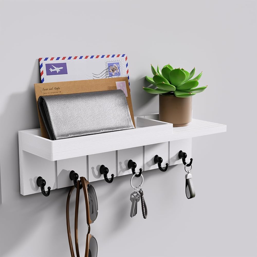 HapiRm Key Holder Wall Mount with 6 Hooks and Shelf