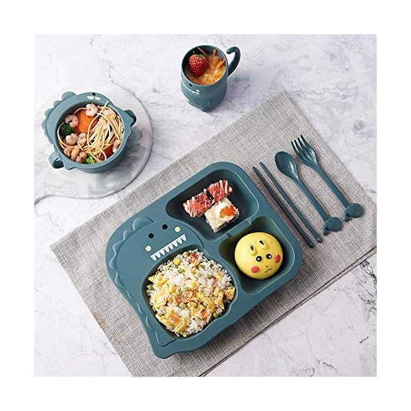 Besylo Tableware Dinner Sets, Dinner Plate, Dinnerware with Kids Plate Bowl Cup Spoon Fork, Cartoon Small Dinosaur, Healthy Wheat StrawTableware, Cartoon Tableware(Green)