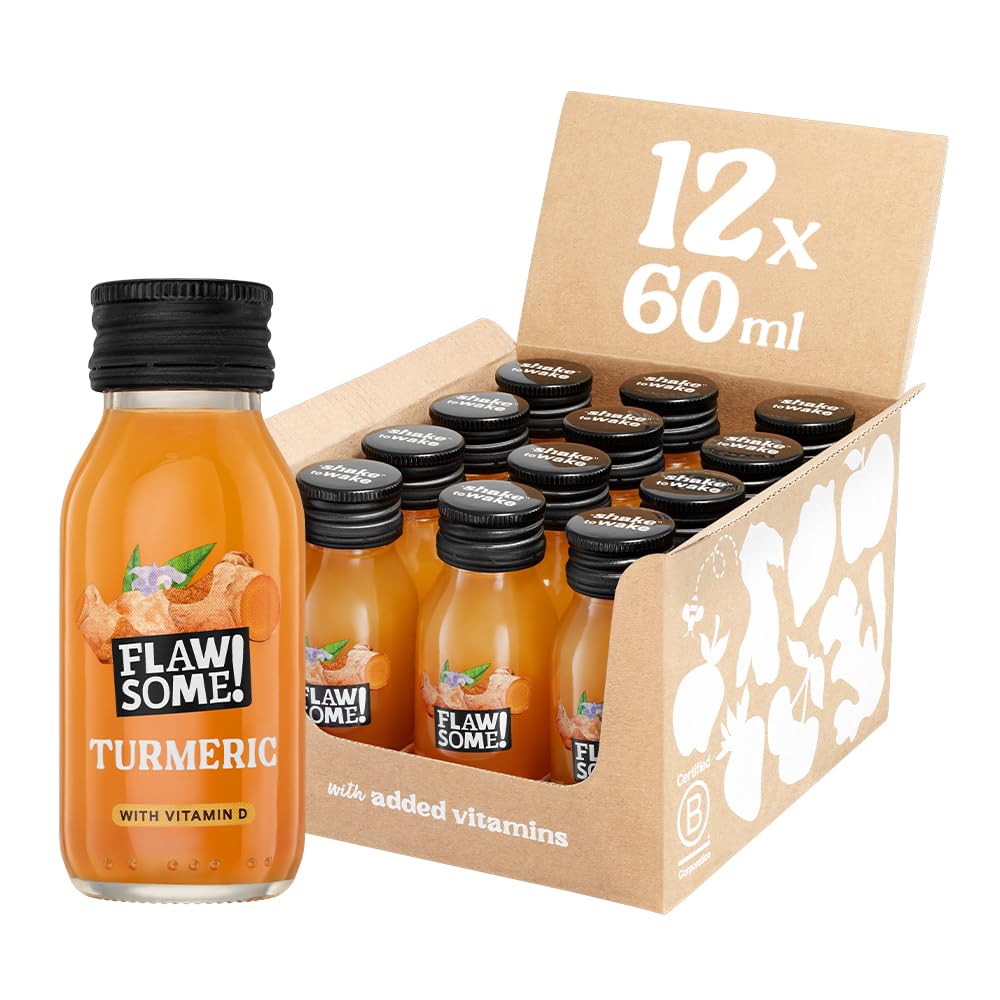 Flawsome! Vitamin D Turmeric Shots (12x60ml) | Daily Defence | 20ug of Vitamin D3 (396% RI) in Every Shot | Whole Ingredients, Nothing Artificial, No Added Sugar, Vegan | BCorp Certified