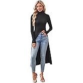 WDIRARA Women's Front Split Long Sleeve Shirt Dress High Neck Long Asymmetrical Hem Slim Fit Blouse Top
