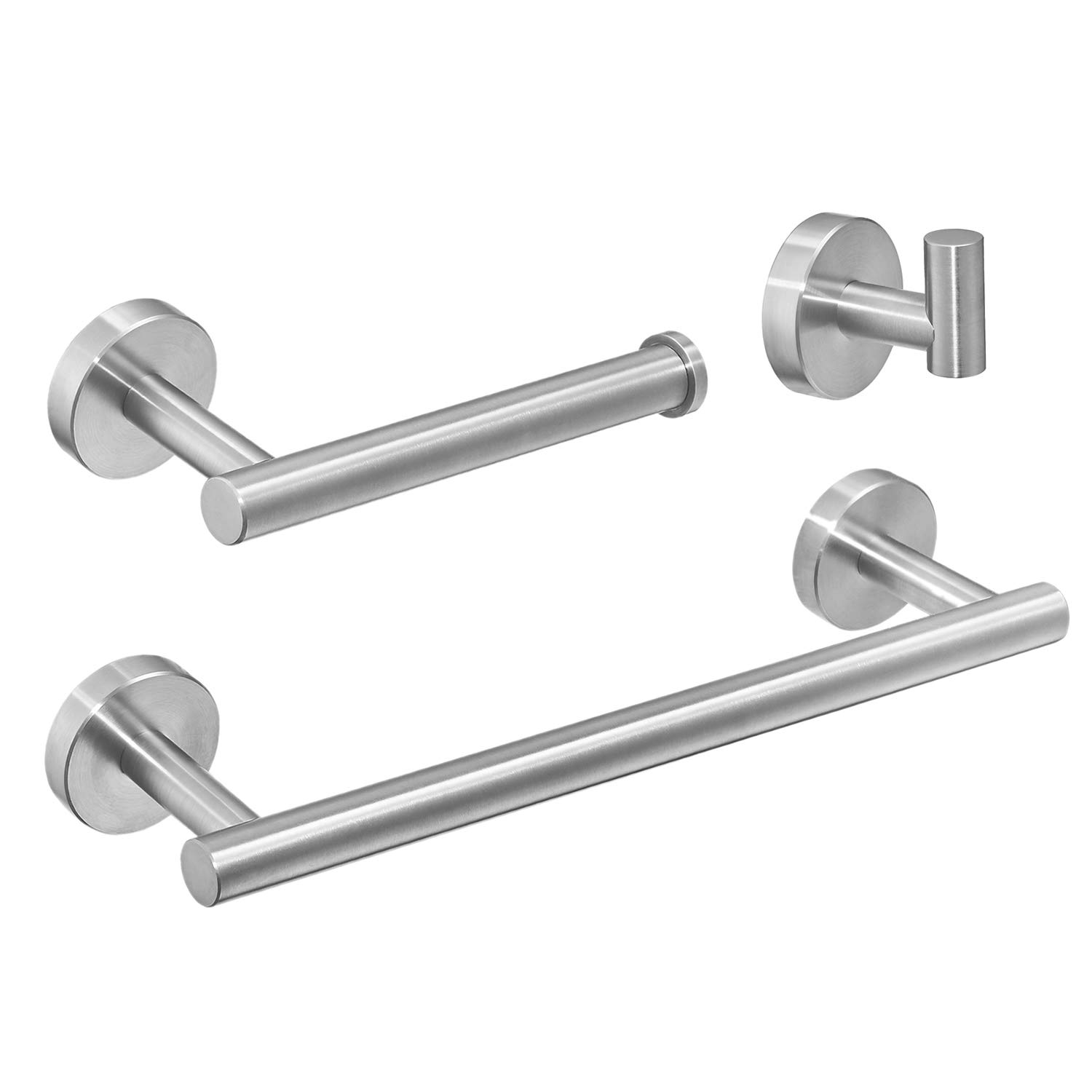 3 Piece Brushed Finish Bathroom Accessories Set Stainless Steel Wall Mounted, Includes 12 Inch Hand Towel Bar, Toilet Paper Holder, Robe Hooks,BA19500SET-3N,Beelee