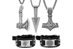 GUOSHUANG Viking Jewelry Set for Men, 5-Piece Norse Set — 3 Necklaces (Thor’s Hammer Mjolnir, Viking Axe, Spearhead) & 2 Viking Cuff Bracelets with Runes/Compass Designs