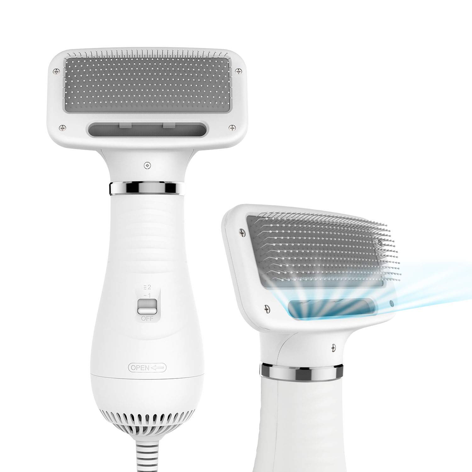 Photo 1 of iPettie Pet Grooming Hair Dryer with Slicker Brush, White, Quiet, 2 Heat Settings, Professional Home Use for Short Straight Hair Cat, Narrow Gap Slicker Brush