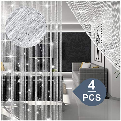 Photo 1 of WILLBOND 4 Pieces String Curtains Glitter Fringe Curtains for Window 79 x 39 Inch Door String Curtain Divider Strip Tassel for Wedding Living Room Bathroom Coffee Shop Restaurant (Silver)