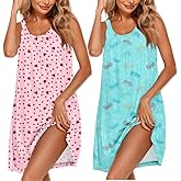 Ekouaer 2 Pack Nightgowns for Women Sleeveless Sleepwear Wide Strap Sleep Shirt Pleated Tank Sleepshirt S-4XL