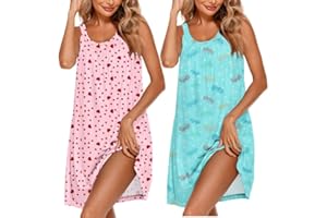 Ekouaer 2 Pack Nightgowns for Women Sleeveless Sleepwear Wide Strap Sleep Shirt Pleated Tank Sleepshirt S-3XL