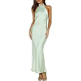 Phicia Sexy Satin Halter Neck Backless Maxi Dress for Women Elegant Tie Cowl Back Formal Wedding Guest Dress for Summer
