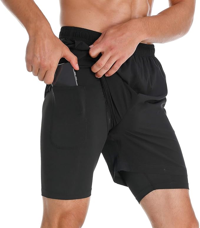 Men's 2 in 1 Running Athletic Shorts - Workout Gym Quick Dry 5 inch Shorts Back Zipper Pocket 
