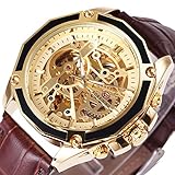 Caluxe Luxury Men Automatic Mechanical Skeleton Watch Genuine Leather Band Steampunk 3D Design