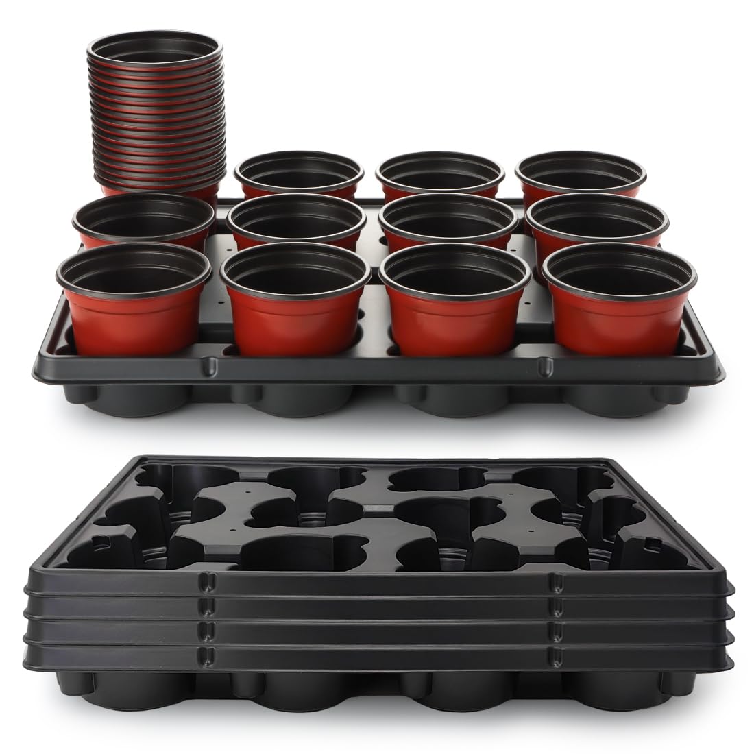Photo 1 of RooTrimmer 4 inch Round Nursery Pots 60pcs, 12 Cell Nursery Pots Trays 5 Pcs, Sturdy Seeds Starting Germination Shuttle Carrying Trays, Small Planter Nursery Propagation 5 Sets