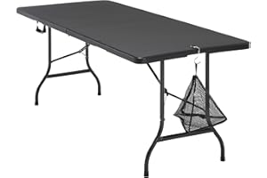 VECELO 6Ft Folding Picnic Table,Indoor Outdoor Plastic Portable Foldable Desk with Handle, Mesh Trash Bag&Lock Legs Heavy Duty for Camping,Dining&Party,Black