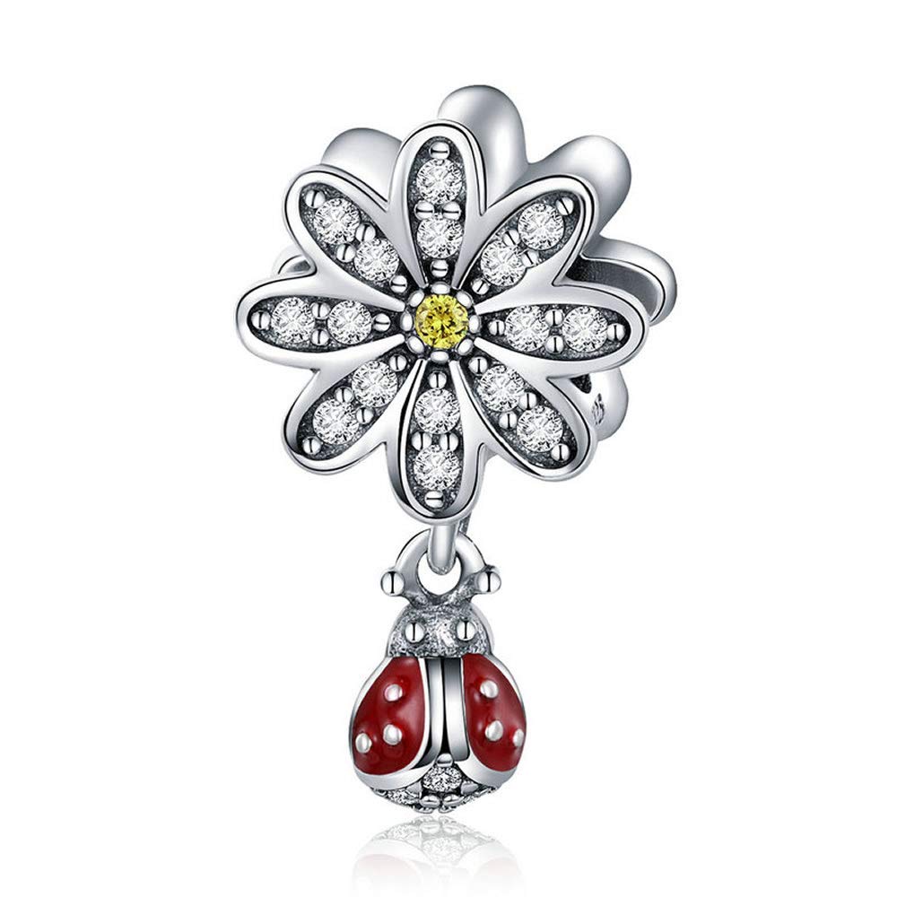 Bijoux Blu Daisy Ladybird Trendy 925 Sterling Silver CZ Daisy Flower Ladybug Pendant Charms fit Bracelet Necklace DIY Accessories Jewellery