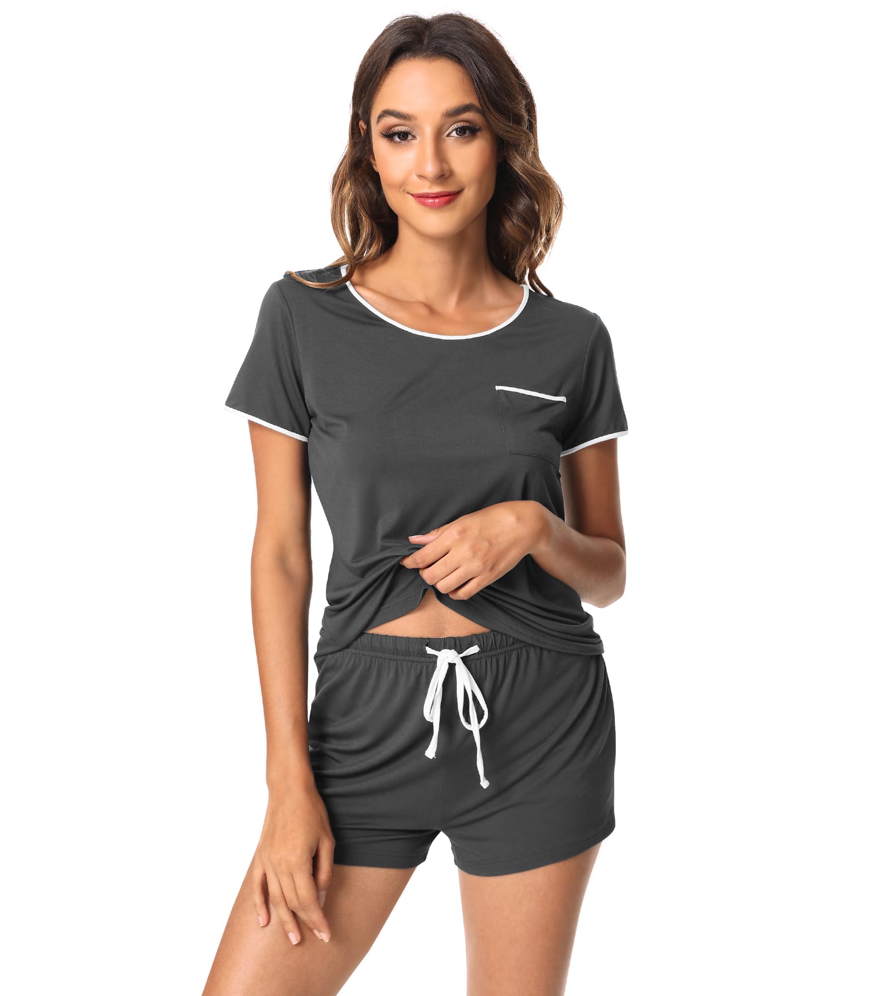 WiWi Womens Pajamas Set Short Sleeve Top with Shorts Super Soft Cooling Sleepwear Pjs Sets-Viscose from Bamboo S-XXL, Charcoal, X-Large Image