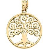 10K Yellow, White, Rose Gold Circle Tree of Life Openwork Charm Pendant - Choice of Metal