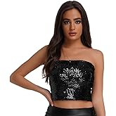 Women's Sparkly Sequin Tube Top, Strapless Stretchy Sleeveless Crop Top Metallic Clubwear for Party Night Out Halloween