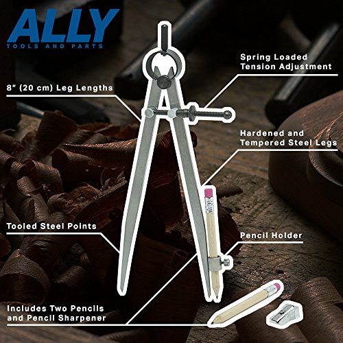 ALLY Tools 8" Precision Compass Pencil Holder / Divider Tool Kit INCLUDES Two Pencils and Metal Pencil Sharpener Ideal for Drawing Circles, Scribing Wood, Scribing Metal, Drafting, and Map Plotting