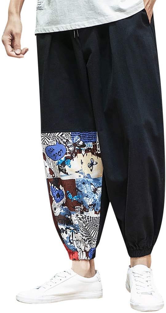 SANFASHION 2020 Newest Mens Loose Trousers Casual Cotton Linen Boho Hippie Wide Leg Baggy Harem Lightweight Jogging Bottoms Long Pants