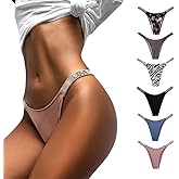 4UFIT Women's Ice Silk Rhinestone Thongs Low Waist High Cut Bikini Underwear Hipster T Back Panties 6 Pack