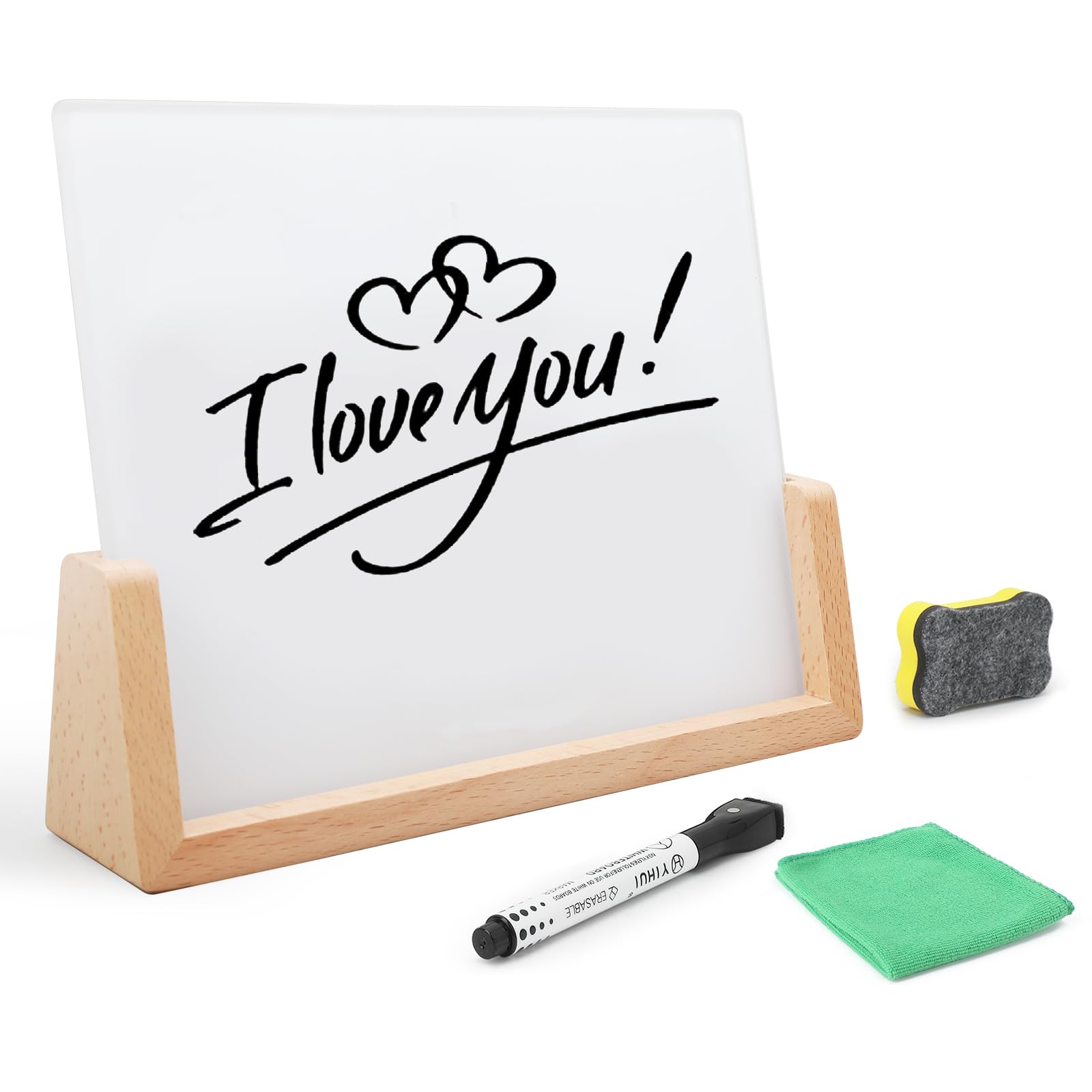 Photo 1 of Desktop Glass Whiteboard with Wood Base, Small Whiteboard Glass Dry Erase Board Mini Whiteboard Portable Desk Whiteboard for Home, Office, 6.9x5.86 inch. Accessories Included