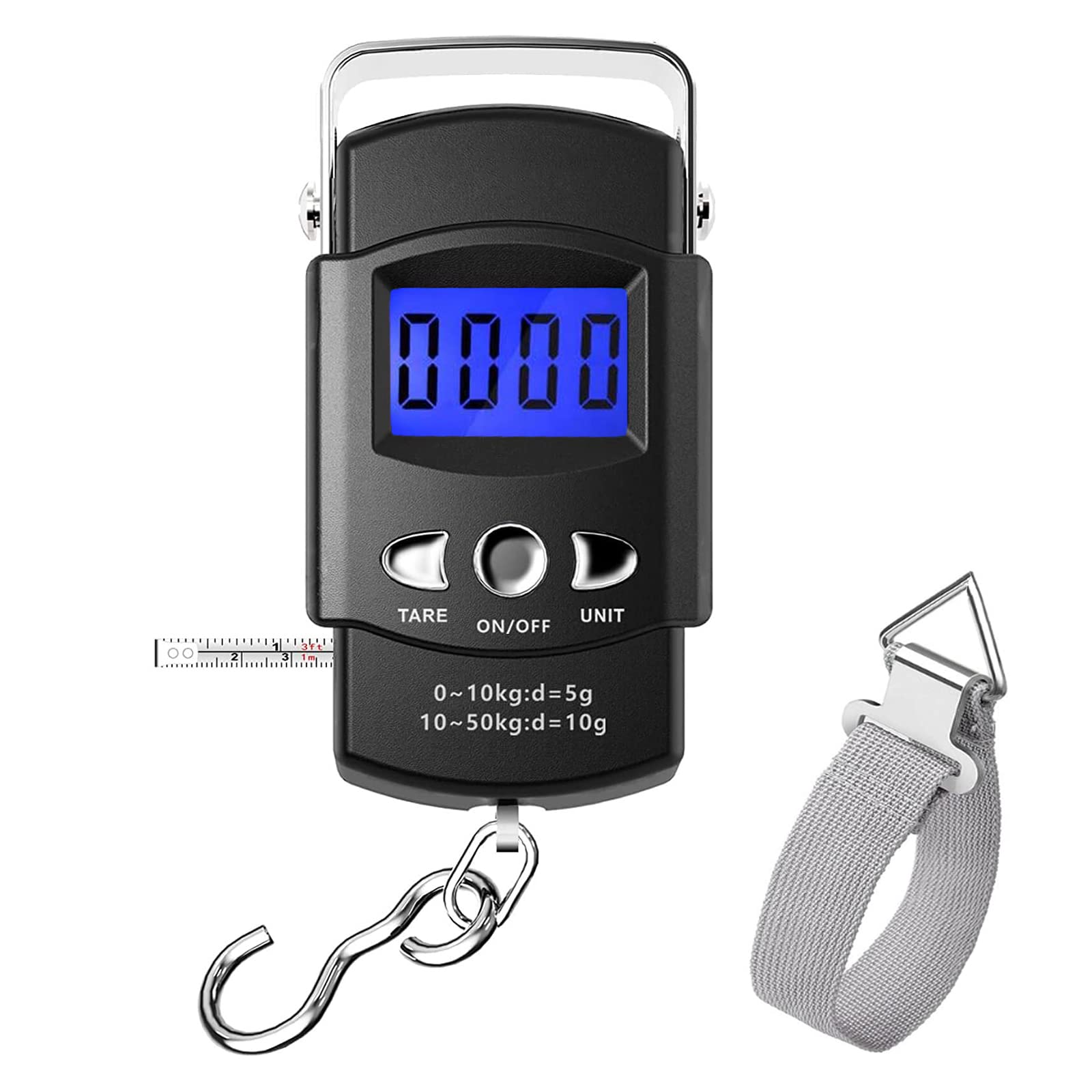 Fishing Scale,Max 110lb/50kg Luggage Scale Backlit LCD Screen Portable Electronic Balance Digital Fish Hook Hanging Scale with Measuring Tape Ruler, Black-ST001
