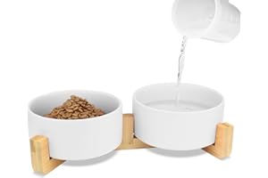 KPWACD Ceramic Dog Bowl for Food and Water, Weighted Dog Bowls Set with Anti-Slip Wooden Stand, 400ml/14OZ Dog Dish Bowl Suitable for Small, medium and Large Sized Pets, White