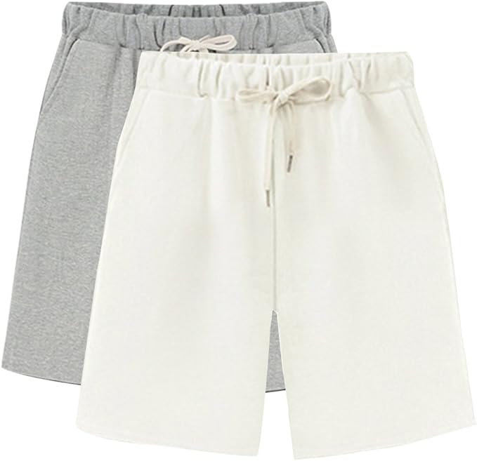Gooket Women's Elastic Waist Soft Knit Jersey Bermuda Shorts with Drawstring 2 Pack Grey+White 