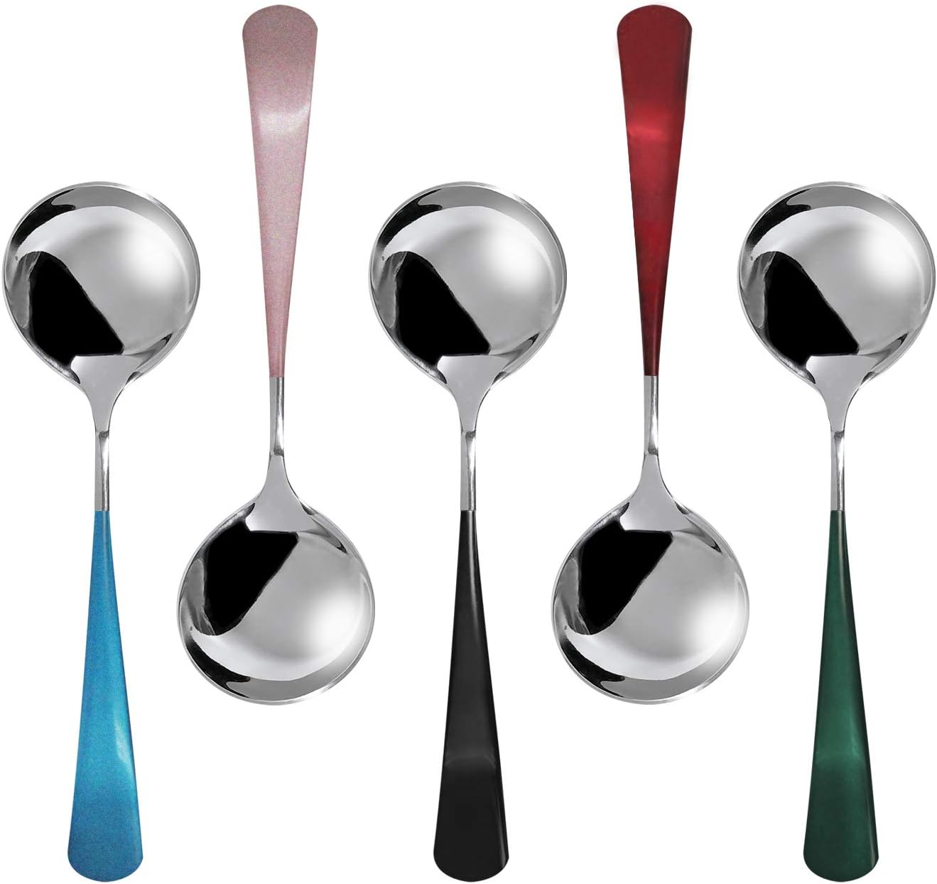 Soup Spoons, Stainless Steel Dinner Spoons, Silver Colourful Round Head Table Spoons for Soup,5 Piece Soup Spoons Sets Used for Dinner, Soup, Grain, Dessert, Fruits,BXNWARE Spoons Dishwasher Safe