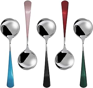 Soup Spoons, Stainless Steel Dinner Spoons, Silver Colourful Round Head Table Spoons for Soup,5 Piece Soup Spoons Sets Used for Dinner, Soup, Grain, Dessert, Fruits,BXNWARE Spoons Dishwasher Safe