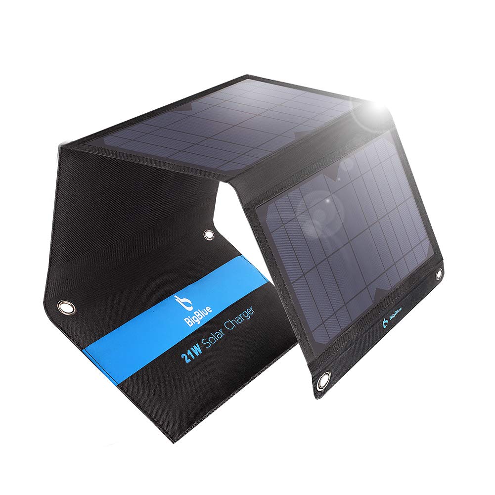 BigBlue 21W Solar Phone Charger with Dual USB Ports(3.8A Max Total), Foldable Waterproof Outdoor Solar Panels Charger Compatible with iPhone Xs XS Max XR X 8 7 Plus, iPad, Samsung Galaxy S9 S8, LG etc