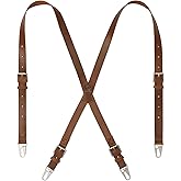 Jack&Chris Genuine Leather X-Shaped Suspenders for Men, Solid 1 Inch Adjustable Heavy Duty Suspenders with Sturdy Clips